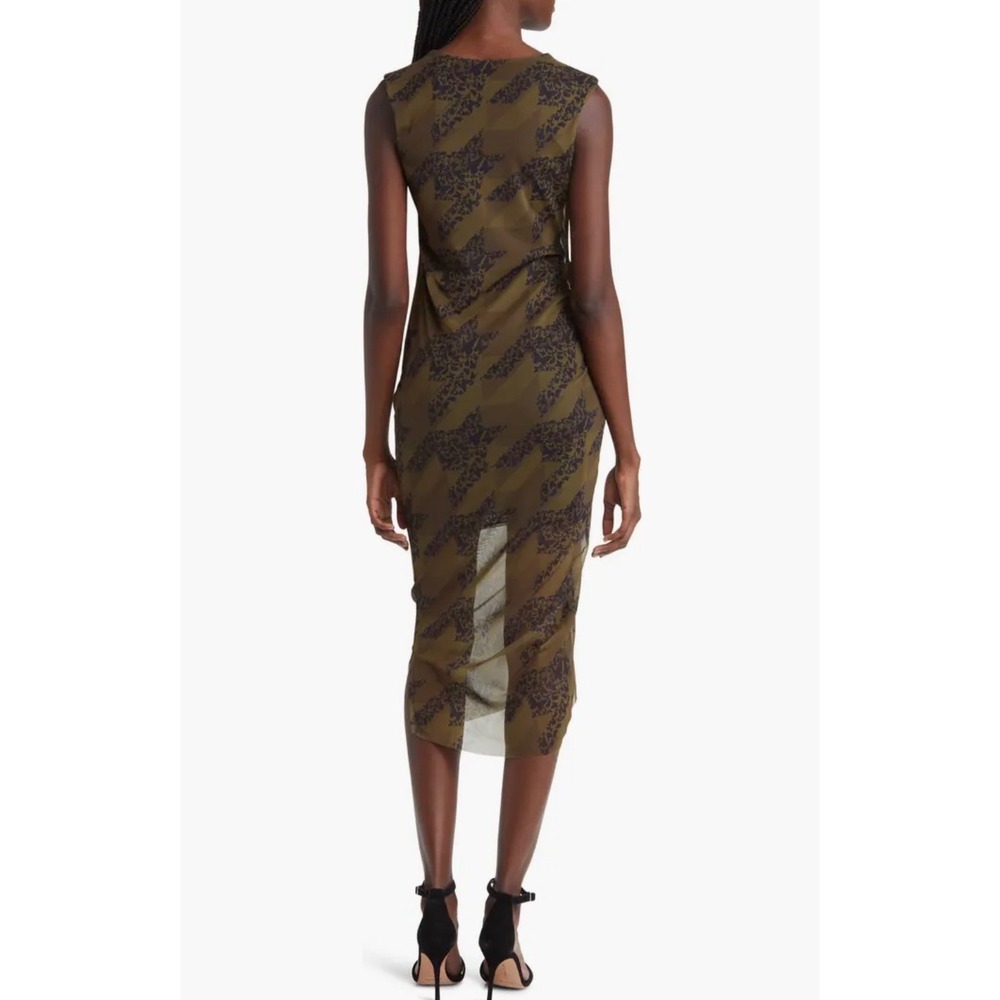 AllSaints Women Olive Green Mesh Houndstooth Floral Ruched Midi Dress US 10 - Picture 2 of 7